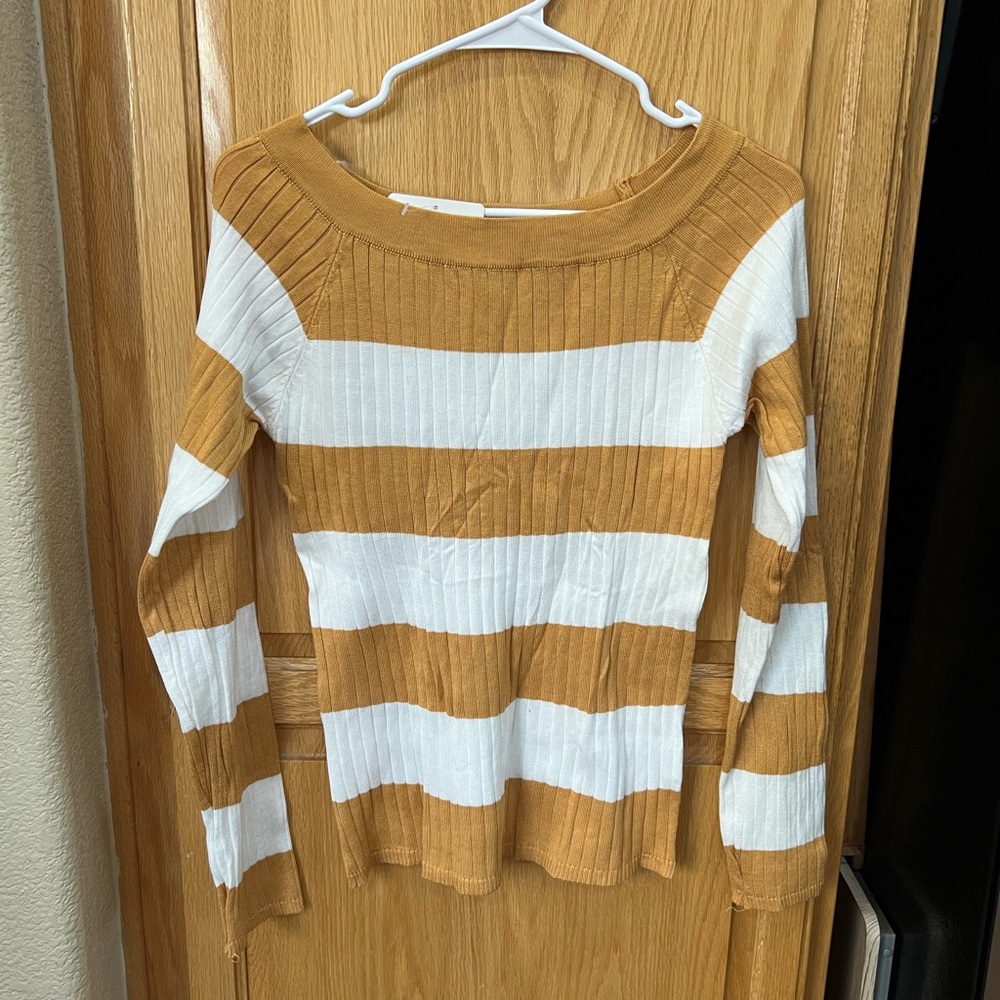 Striped Tan and White Ribbed Sweater